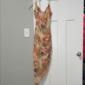 Windsor Asymmetrical Floral Dress in Orange and Cream